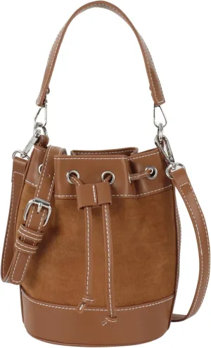 Women's Suede Bucket Shoulder Crossbody Drawstring Tassel Barrel Shape Hobo Purse