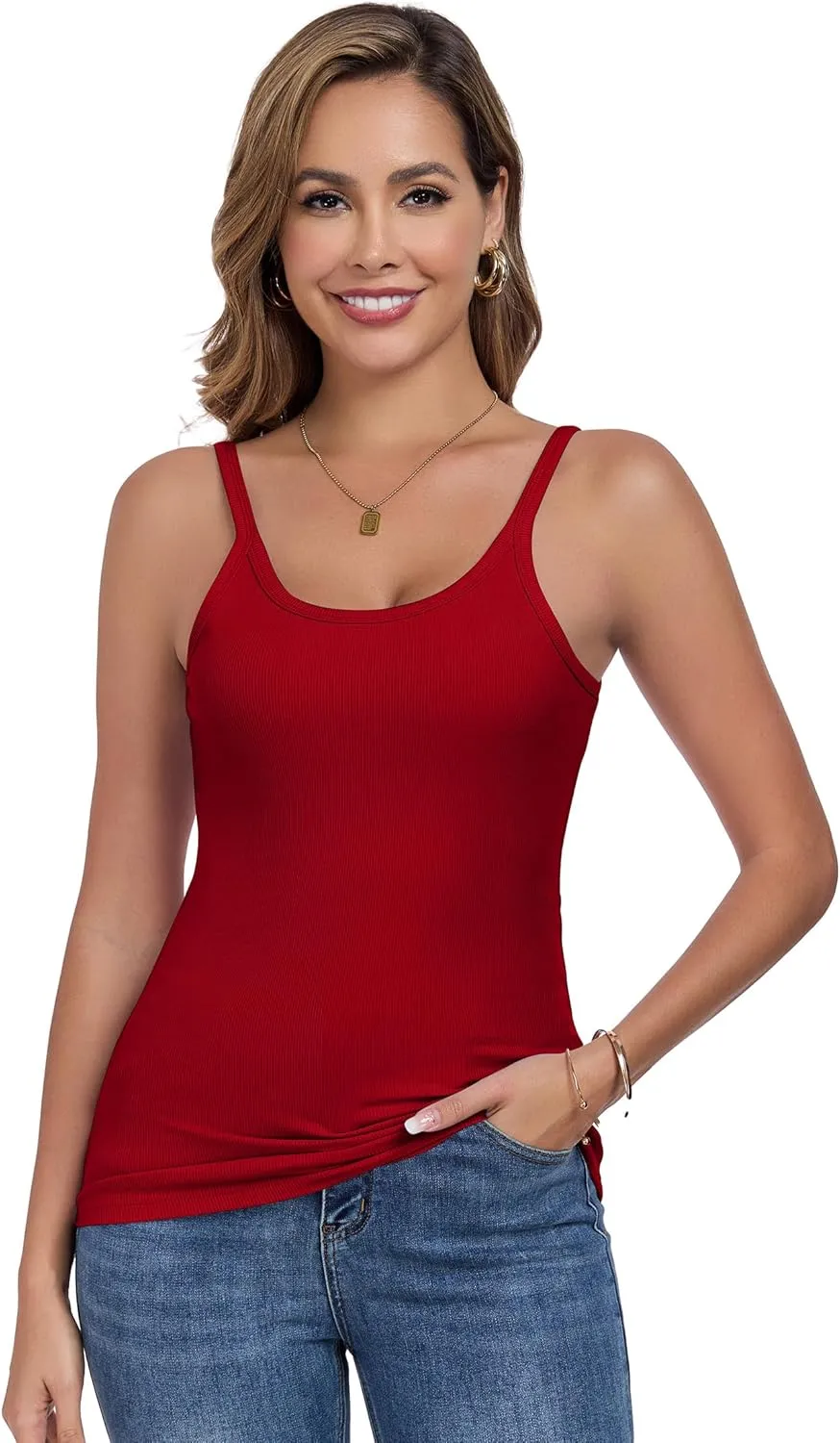 Womens Tank Tops Spaghetti Straps Scoop Neck Ribbed Slim Fitted Summer Workout Camisole Basic Layering Shirts