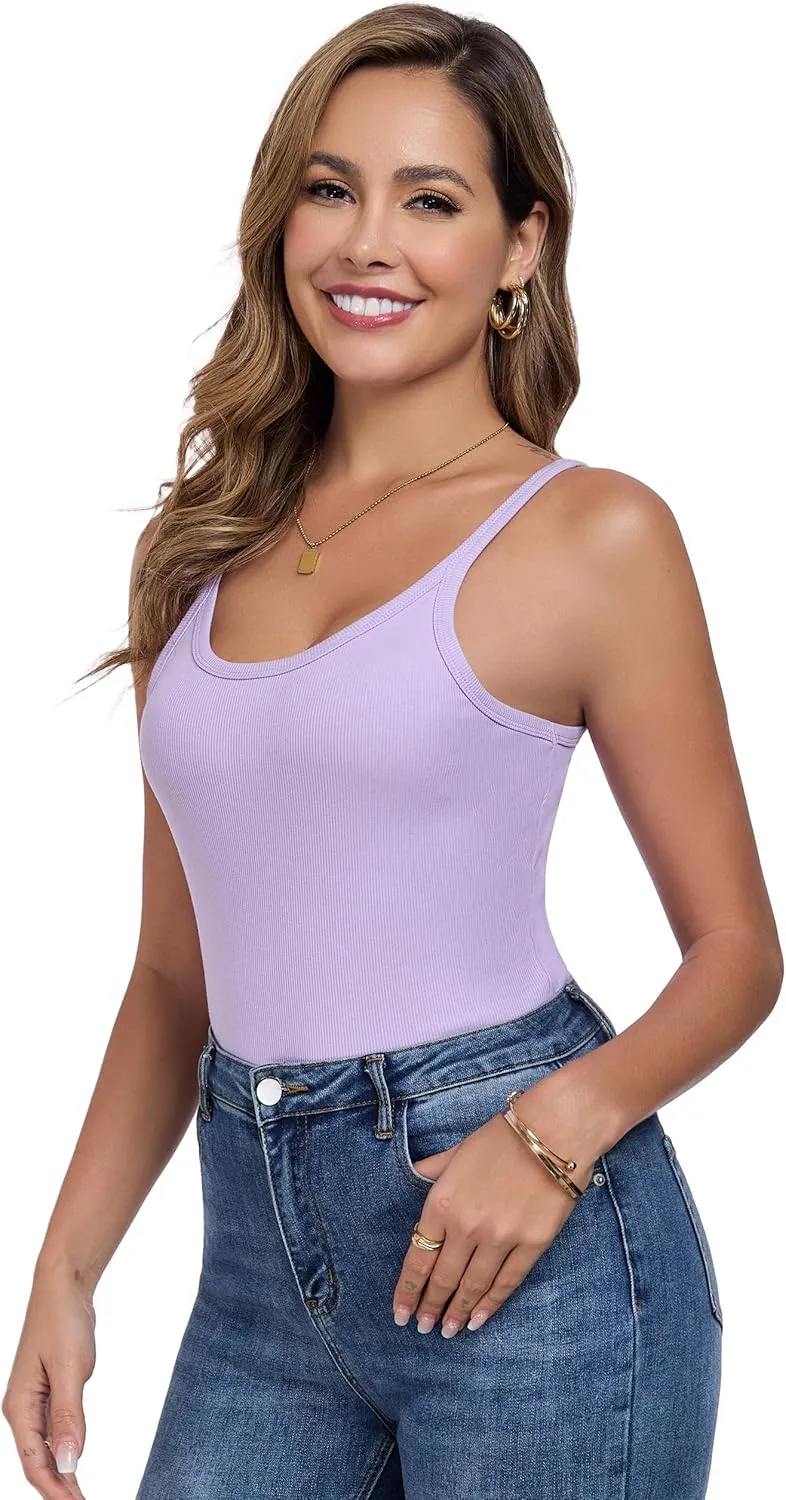 Womens Tank Tops Spaghetti Straps Scoop Neck Ribbed Slim Fitted Summer Workout Camisole Basic Layering Shirts