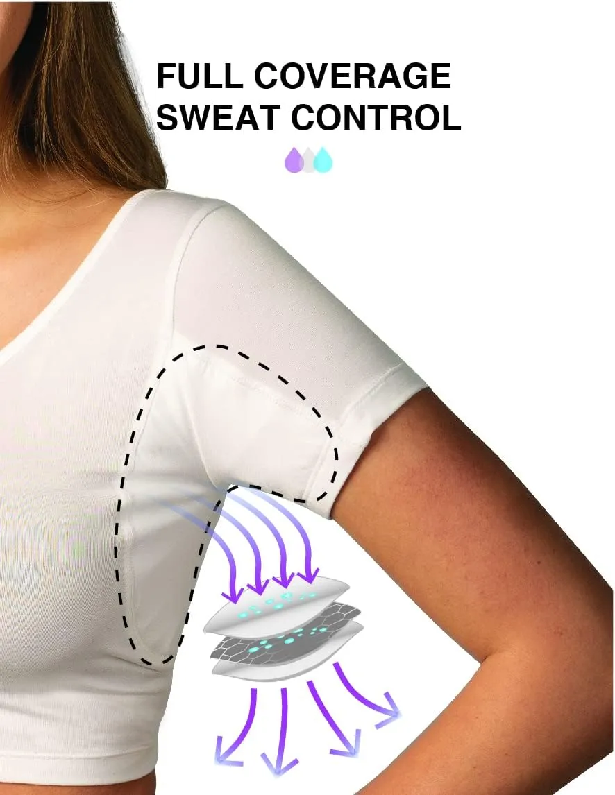 Womens Undershirts - Sweatproof Shirts Women with Underarm Sweat Pads - White