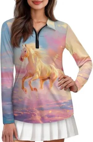 Women's UV Protection Shirts Quarter Zip Pullover Women Long Sleeve Shirts Golf Shirts Workout Tops
