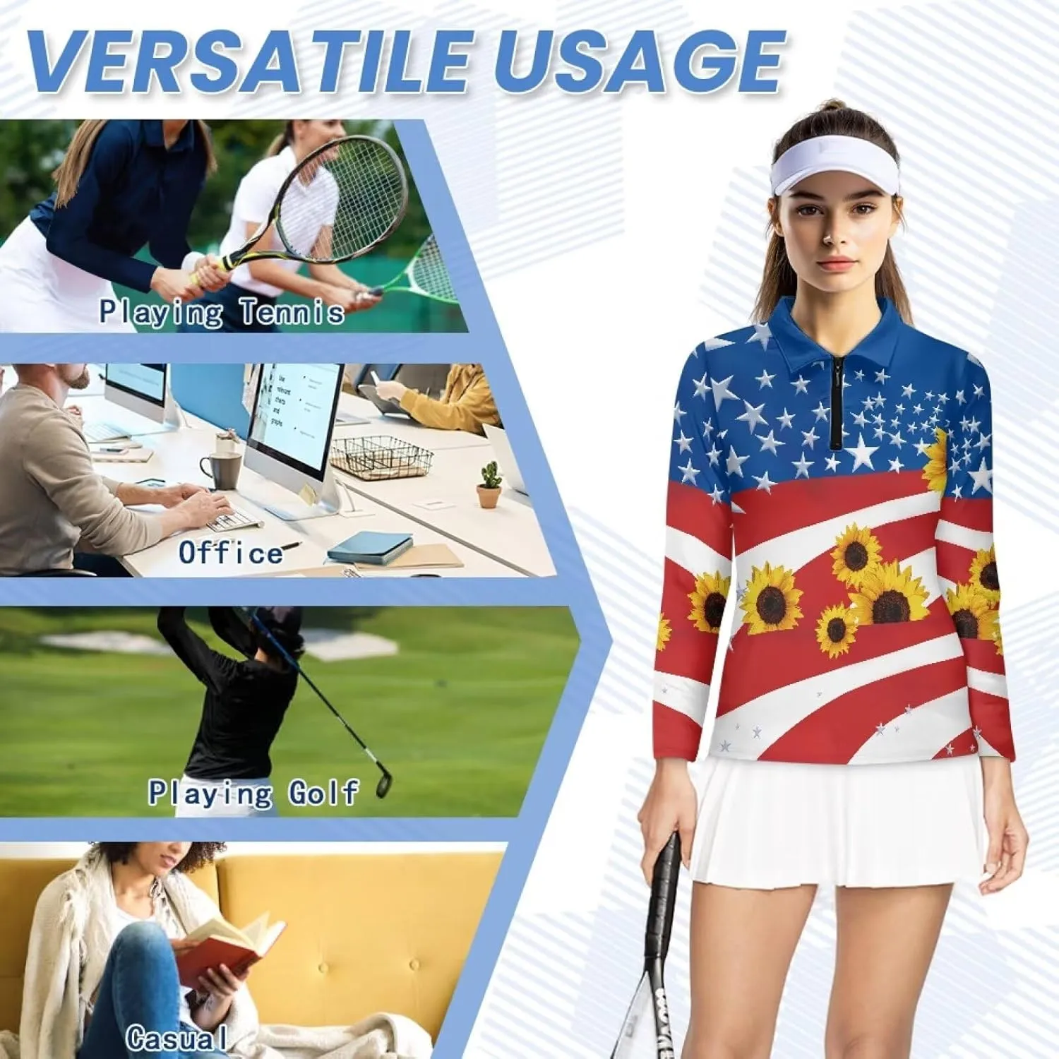 Women's UV Protection Shirts Quarter Zip Pullover Women Long Sleeve Shirts Golf Shirts Workout Tops