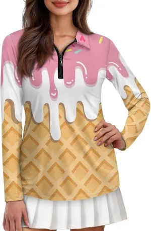 Women's UV Protection Shirts Quarter Zip Pullover Women Long Sleeve Shirts Golf Shirts Workout Tops