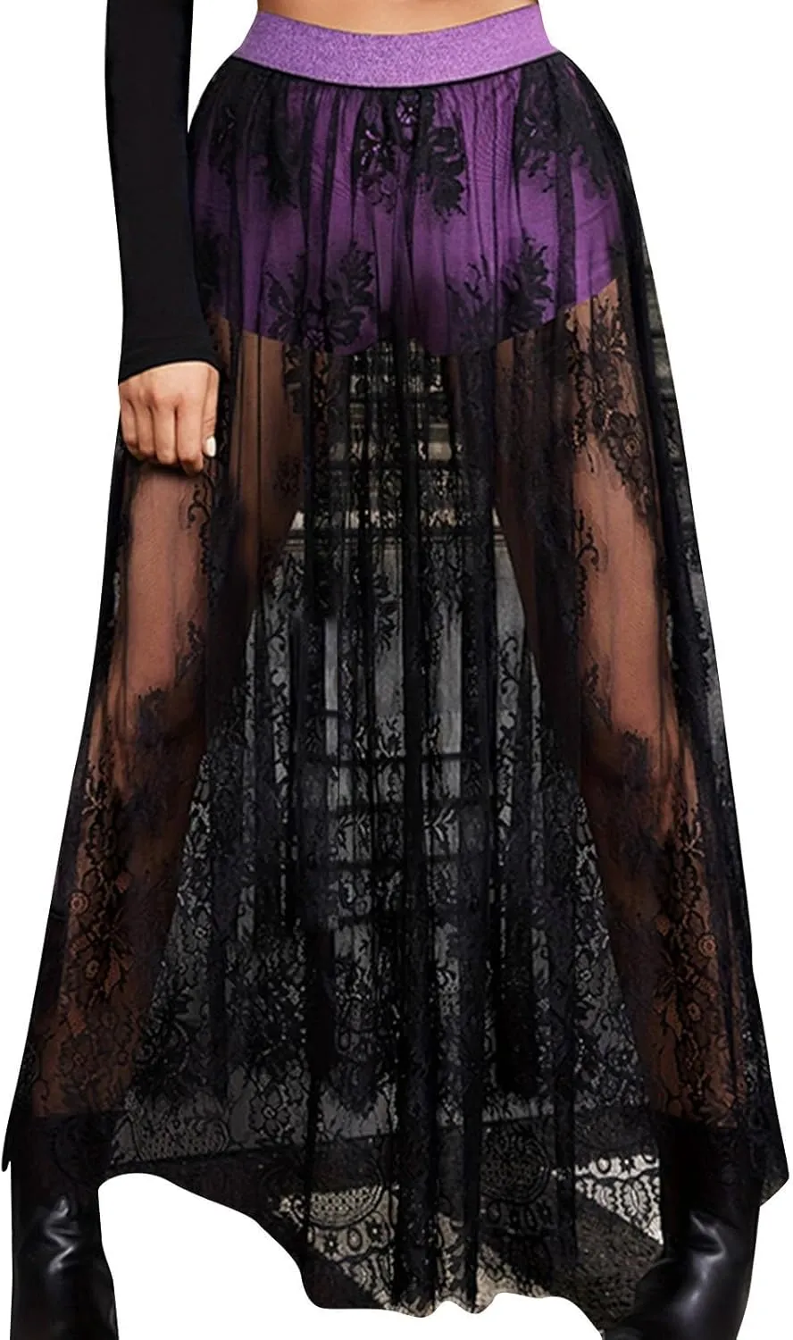 Women's Y2k Lace Mesh Skirt with Shorts Club Party Maxi Skirts Sexy Sheer See Through High Waist Flowy Goth Costumes
