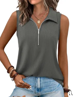 XIEERDUO Womens Summer Tops V Neck Collared Shirts Dressy Casual Ribbed Tank Top with Zipper Loose Fit