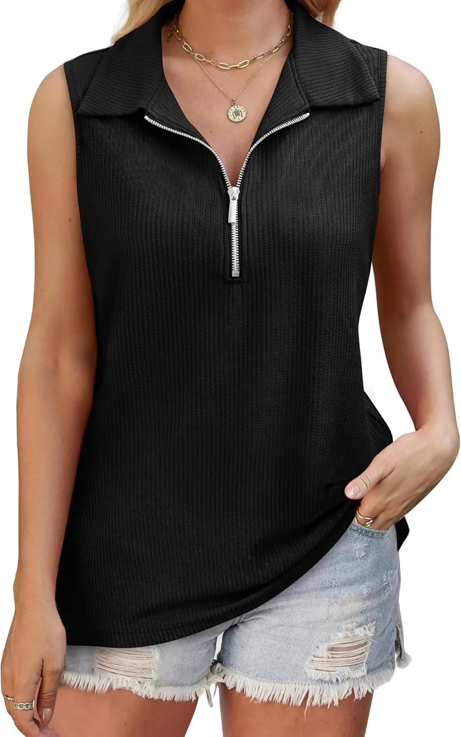 XIEERDUO Womens Summer Tops V Neck Collared Shirts Dressy Casual Ribbed Tank Top with Zipper Loose Fit