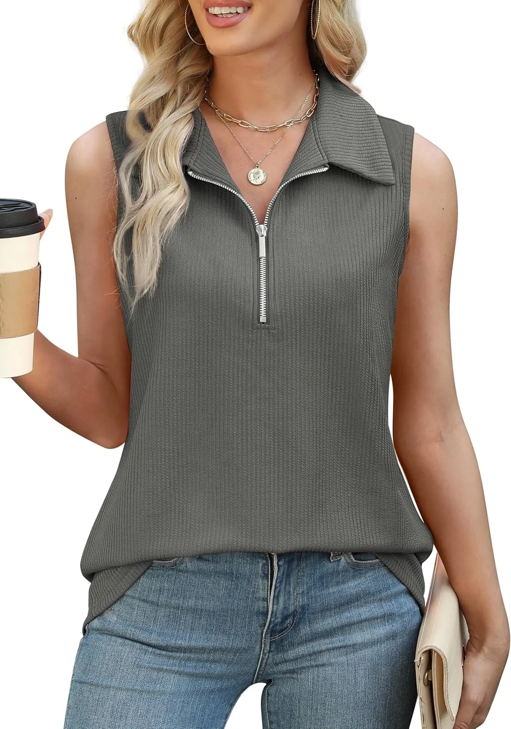 XIEERDUO Womens Summer Tops V Neck Collared Shirts Dressy Casual Ribbed Tank Top with Zipper Loose Fit