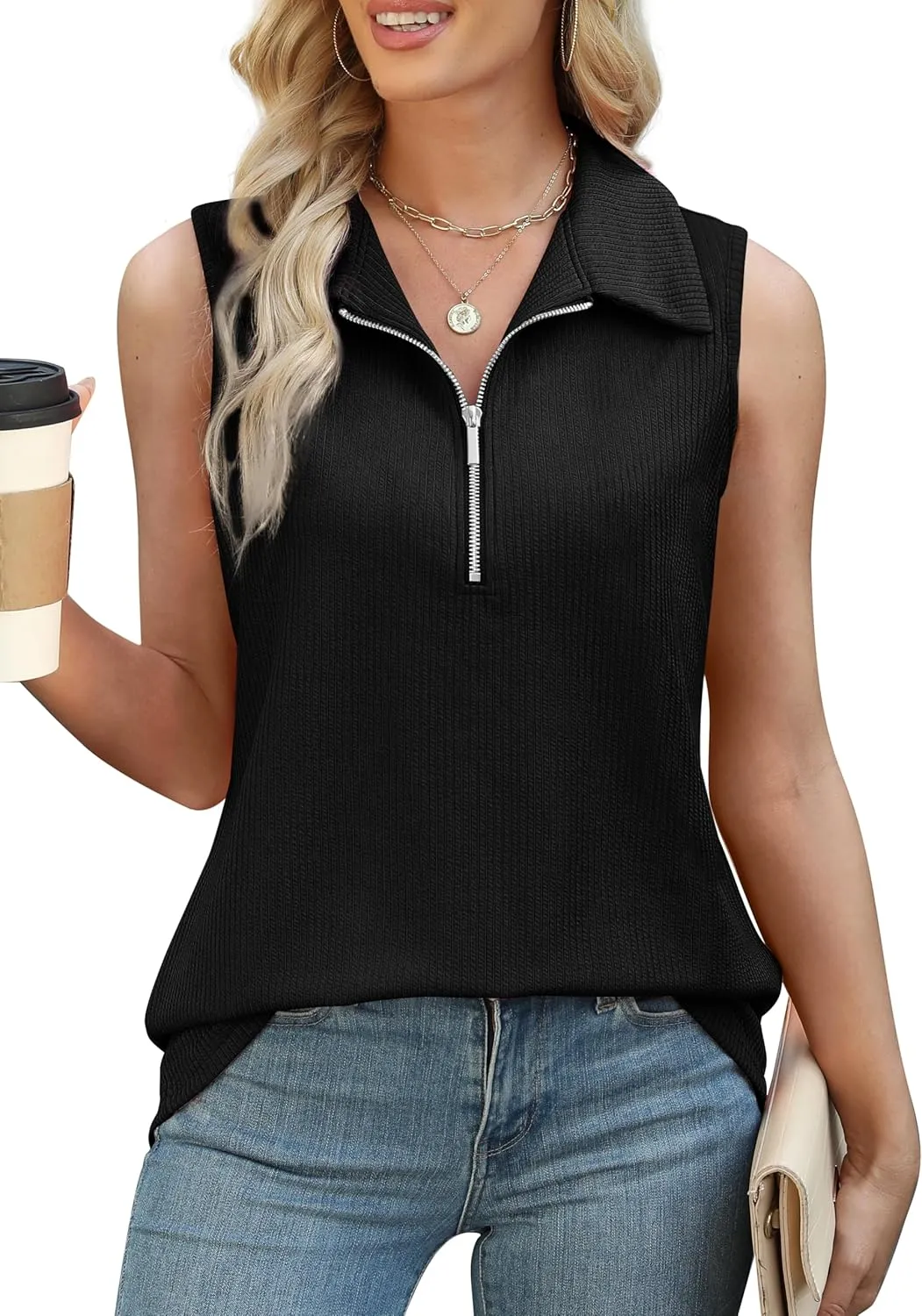 XIEERDUO Womens Summer Tops V Neck Collared Shirts Dressy Casual Ribbed Tank Top with Zipper Loose Fit