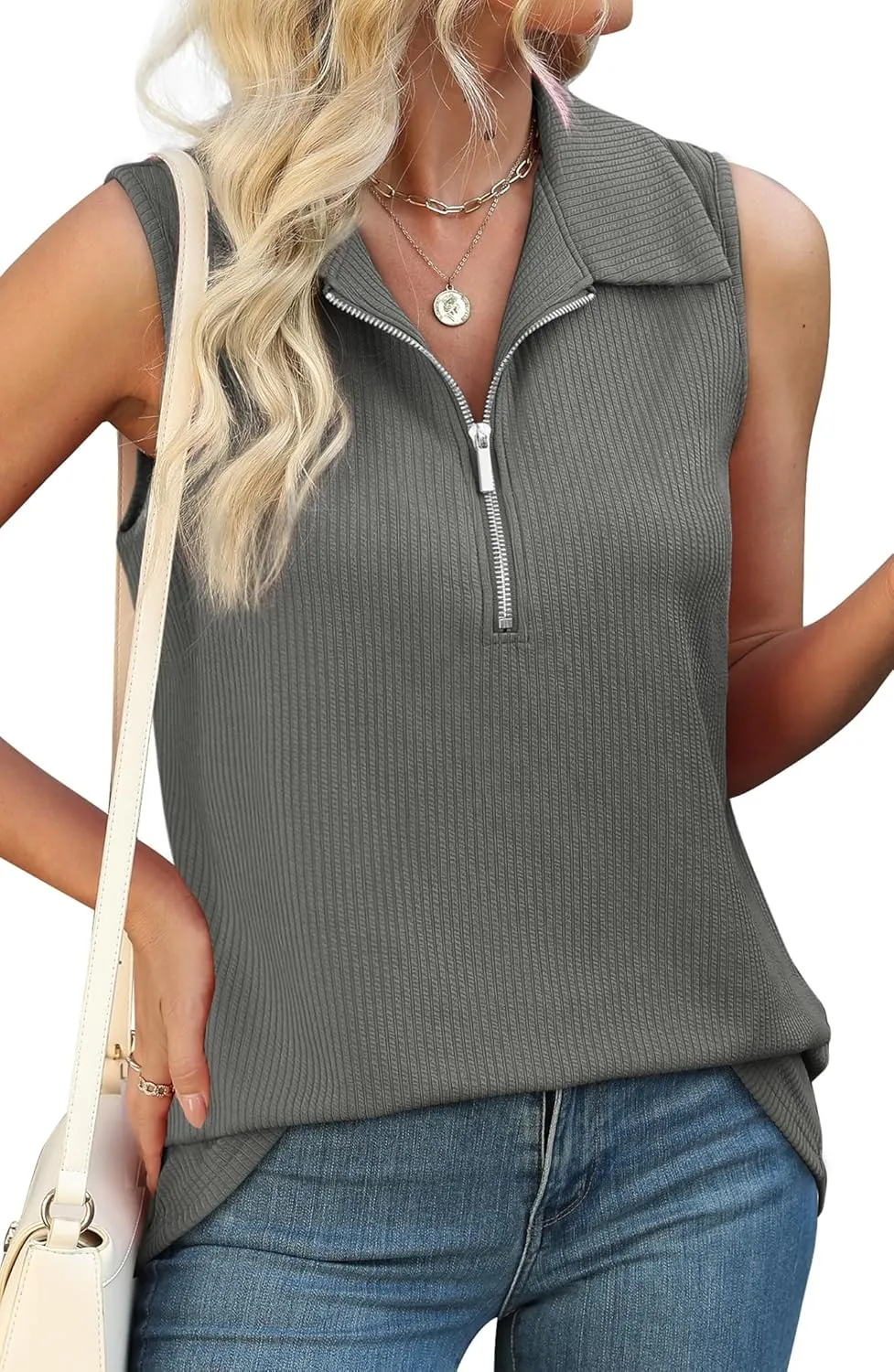XIEERDUO Womens Summer Tops V Neck Collared Shirts Dressy Casual Ribbed Tank Top with Zipper Loose Fit