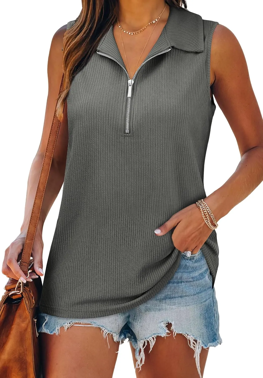 XIEERDUO Womens Summer Tops V Neck Collared Shirts Dressy Casual Ribbed Tank Top with Zipper Loose Fit