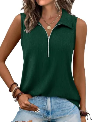 XIEERDUO Womens Summer Tops V Neck Collared Shirts Dressy Casual Ribbed Tank Top with Zipper Loose Fit