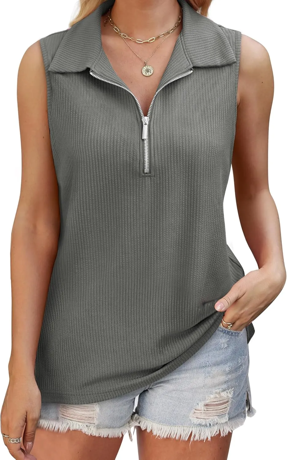 XIEERDUO Womens Summer Tops V Neck Collared Shirts Dressy Casual Ribbed Tank Top with Zipper Loose Fit