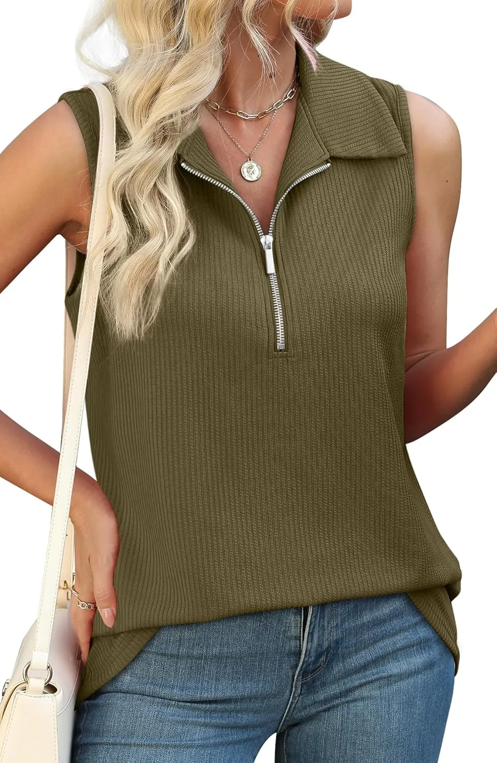 XIEERDUO Womens Summer Tops V Neck Collared Shirts Dressy Casual Ribbed Tank Top with Zipper Loose Fit