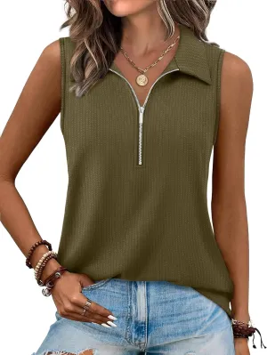 XIEERDUO Womens Summer Tops V Neck Collared Shirts Dressy Casual Ribbed Tank Top with Zipper Loose Fit