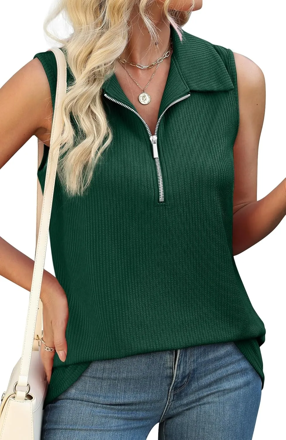 XIEERDUO Womens Summer Tops V Neck Collared Shirts Dressy Casual Ribbed Tank Top with Zipper Loose Fit