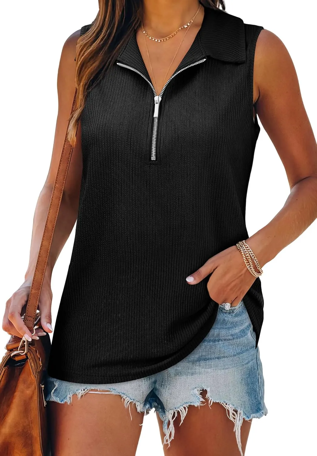 XIEERDUO Womens Summer Tops V Neck Collared Shirts Dressy Casual Ribbed Tank Top with Zipper Loose Fit