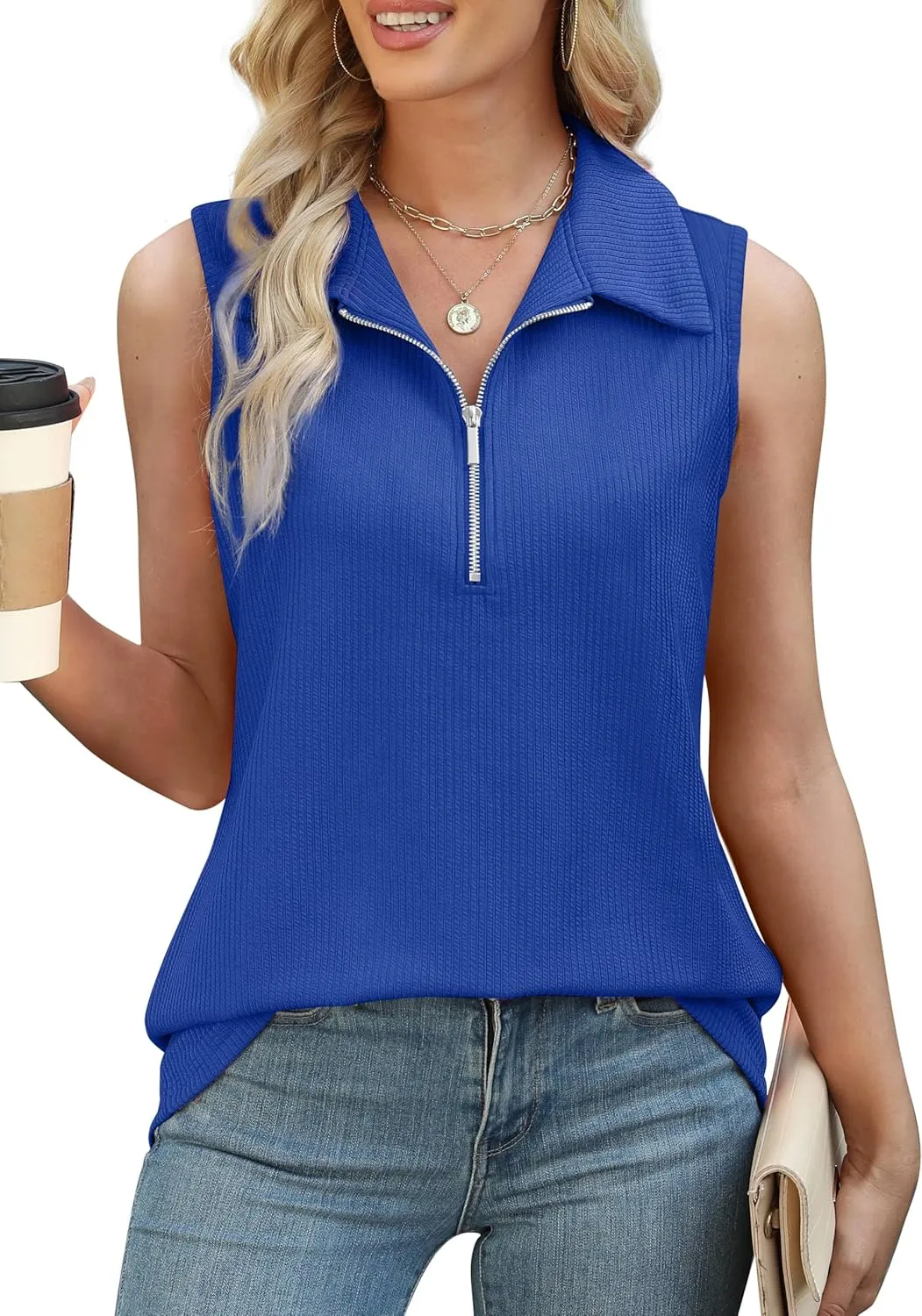 XIEERDUO Womens Summer Tops V Neck Collared Shirts Dressy Casual Ribbed Tank Top with Zipper Loose Fit