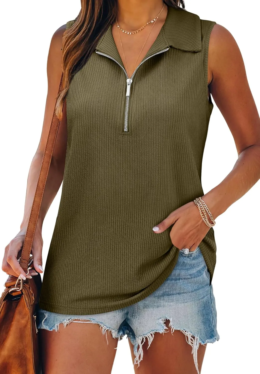 XIEERDUO Womens Summer Tops V Neck Collared Shirts Dressy Casual Ribbed Tank Top with Zipper Loose Fit
