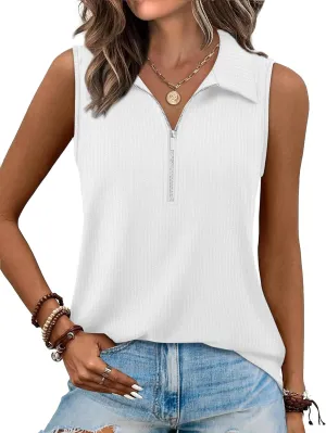 XIEERDUO Womens Summer Tops V Neck Collared Shirts Dressy Casual Ribbed Tank Top with Zipper Loose Fit