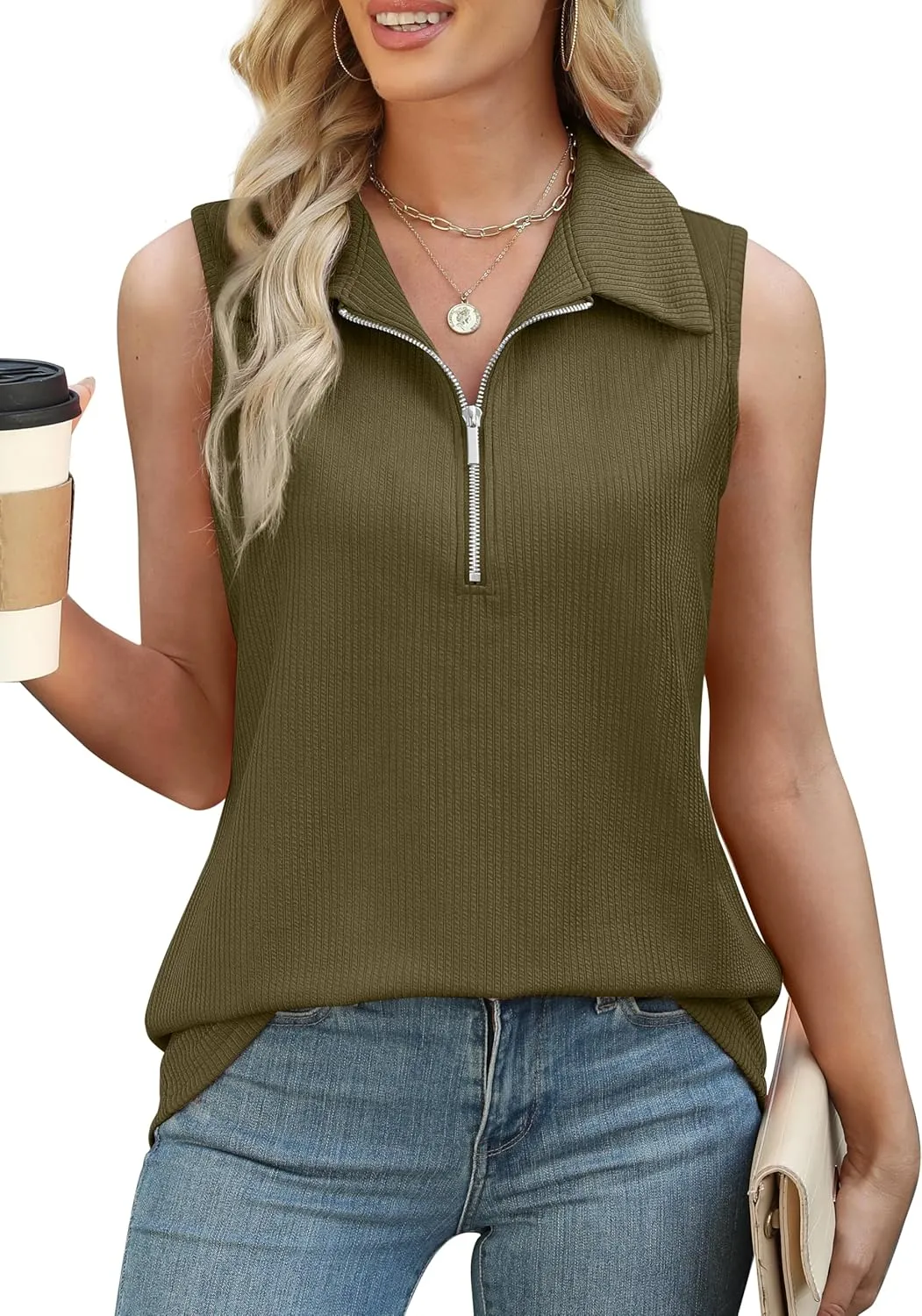 XIEERDUO Womens Summer Tops V Neck Collared Shirts Dressy Casual Ribbed Tank Top with Zipper Loose Fit