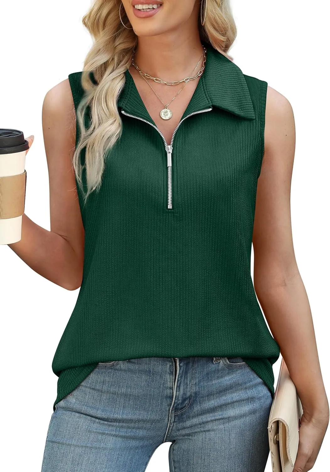 XIEERDUO Womens Summer Tops V Neck Collared Shirts Dressy Casual Ribbed Tank Top with Zipper Loose Fit
