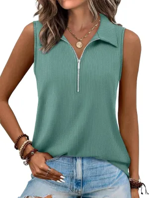 XIEERDUO Womens Summer Tops V Neck Collared Shirts Dressy Casual Ribbed Tank Top with Zipper Loose Fit