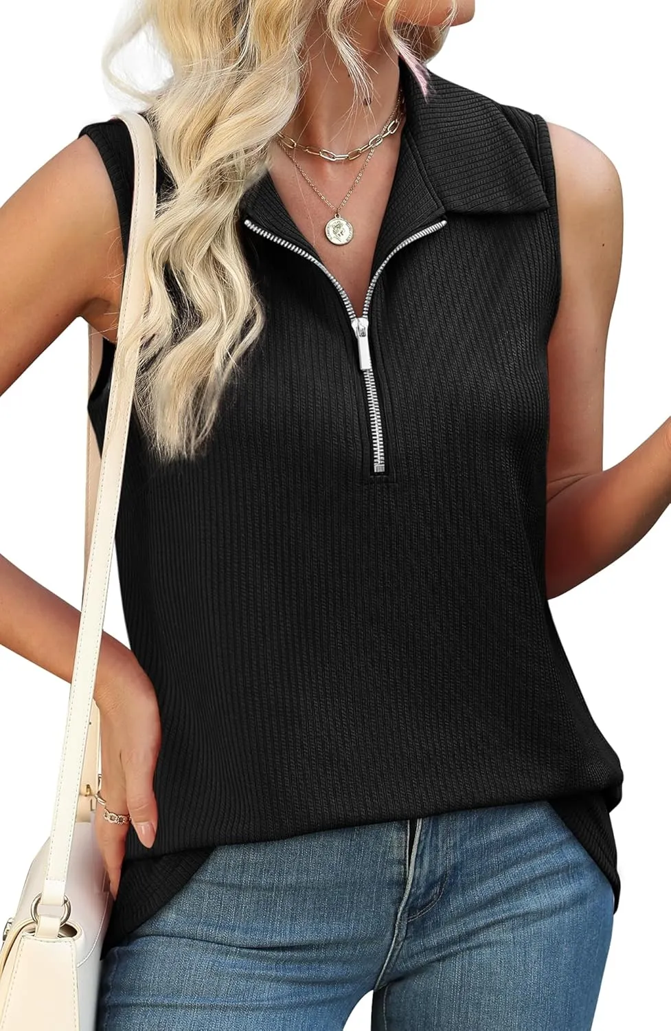 XIEERDUO Womens Summer Tops V Neck Collared Shirts Dressy Casual Ribbed Tank Top with Zipper Loose Fit
