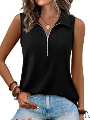 XIEERDUO Womens Summer Tops V Neck Collared Shirts Dressy Casual Ribbed Tank Top with Zipper Loose Fit