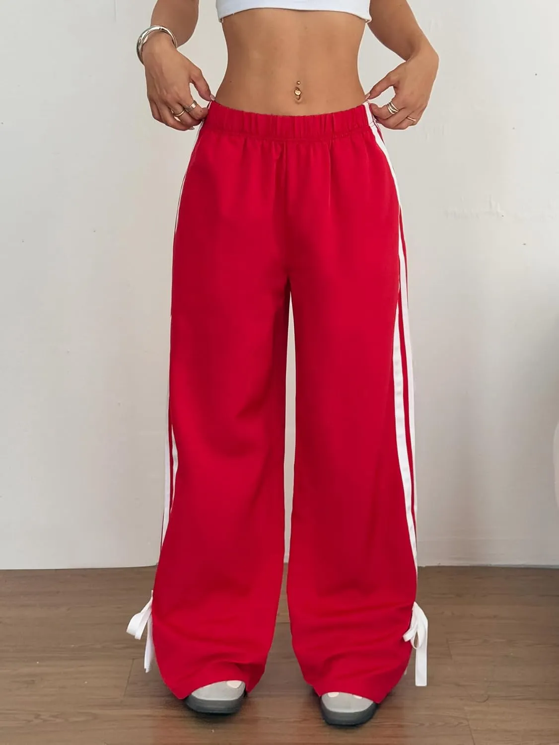 ZAFUL Womens Side Striped Pant Baggy Wide Leg Sweatpants Elastic Waisted Contrast Stripes Loose Fit Trousers