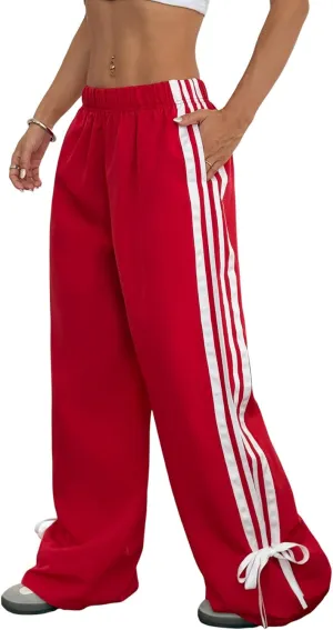 ZAFUL Womens Side Striped Pant Baggy Wide Leg Sweatpants Elastic Waisted Contrast Stripes Loose Fit Trousers