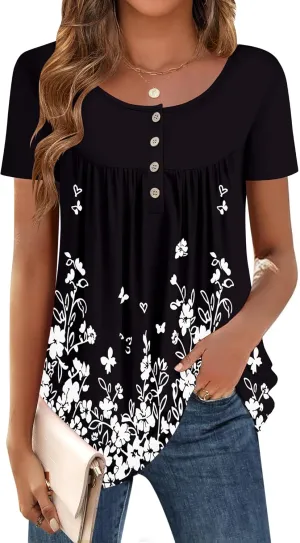 Zeagoo Women Tunic Tops Dressy Casual Summer Short Sleeve Shirts Floral Loose Fit Pleated Boho Top S-XXL