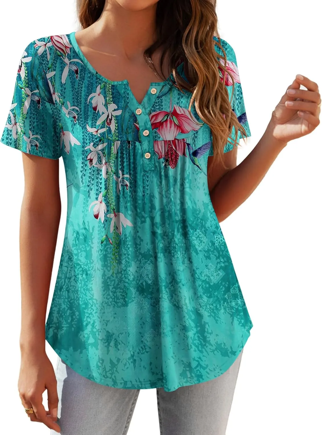 Zeagoo Women Tunic Tops Dressy Casual Summer Short Sleeve Shirts Floral Loose Fit Pleated Boho Top S-XXL