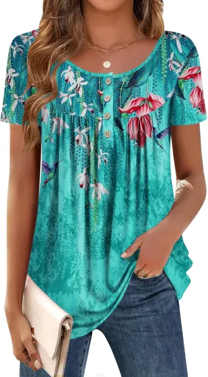 Zeagoo Women Tunic Tops Dressy Casual Summer Short Sleeve Shirts Floral Loose Fit Pleated Boho Top S-XXL