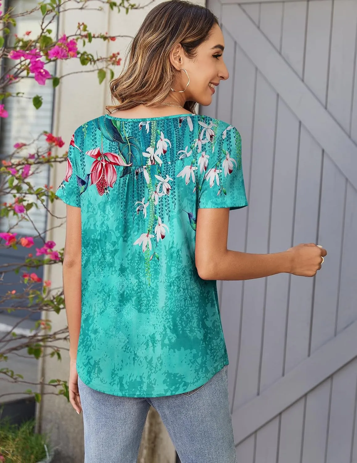Zeagoo Women Tunic Tops Dressy Casual Summer Short Sleeve Shirts Floral Loose Fit Pleated Boho Top S-XXL