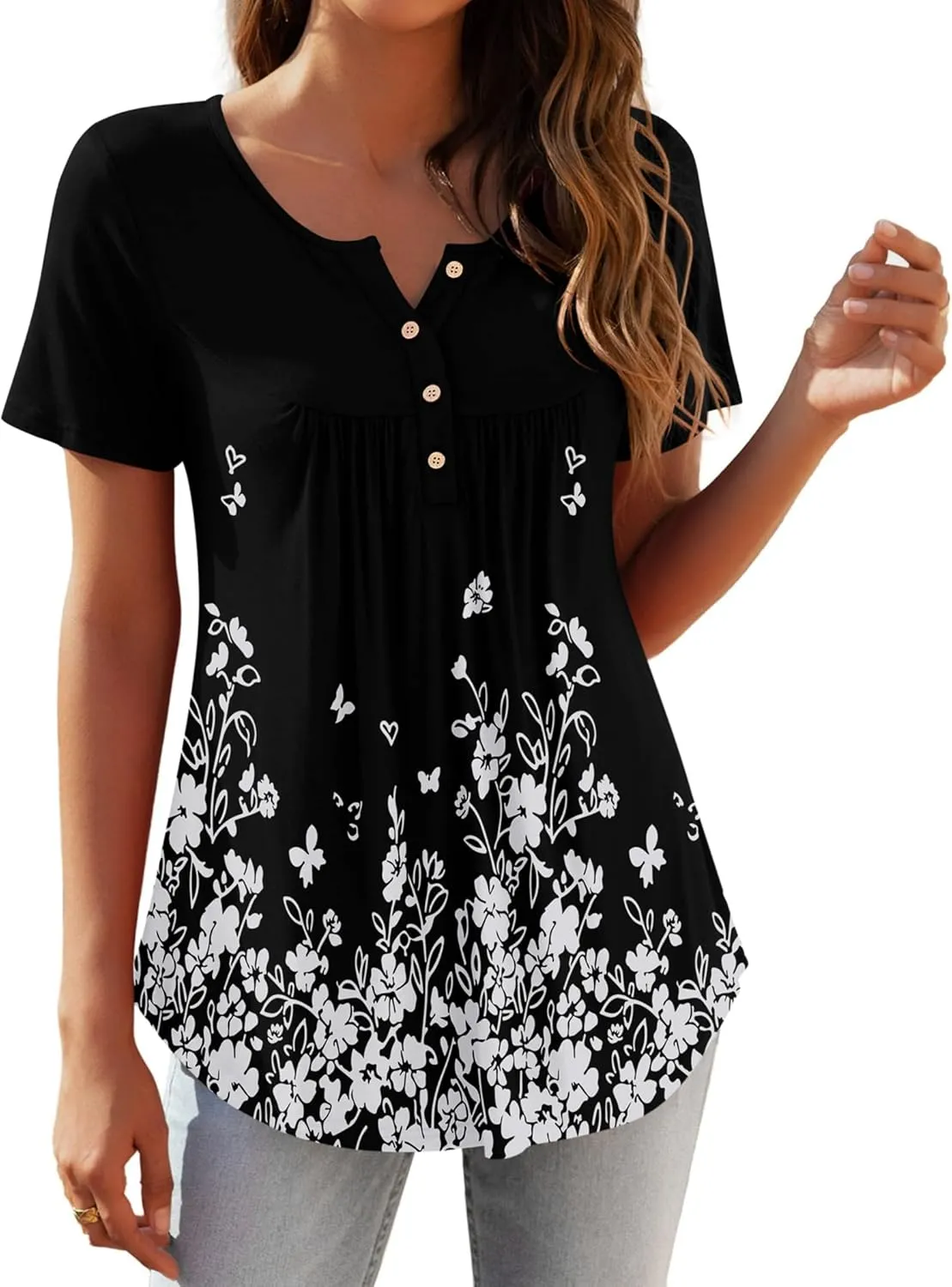 Zeagoo Women Tunic Tops Dressy Casual Summer Short Sleeve Shirts Floral Loose Fit Pleated Boho Top S-XXL