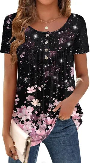 Zeagoo Women Tunic Tops Dressy Casual Summer Short Sleeve Shirts Floral Loose Fit Pleated Boho Top S-XXL