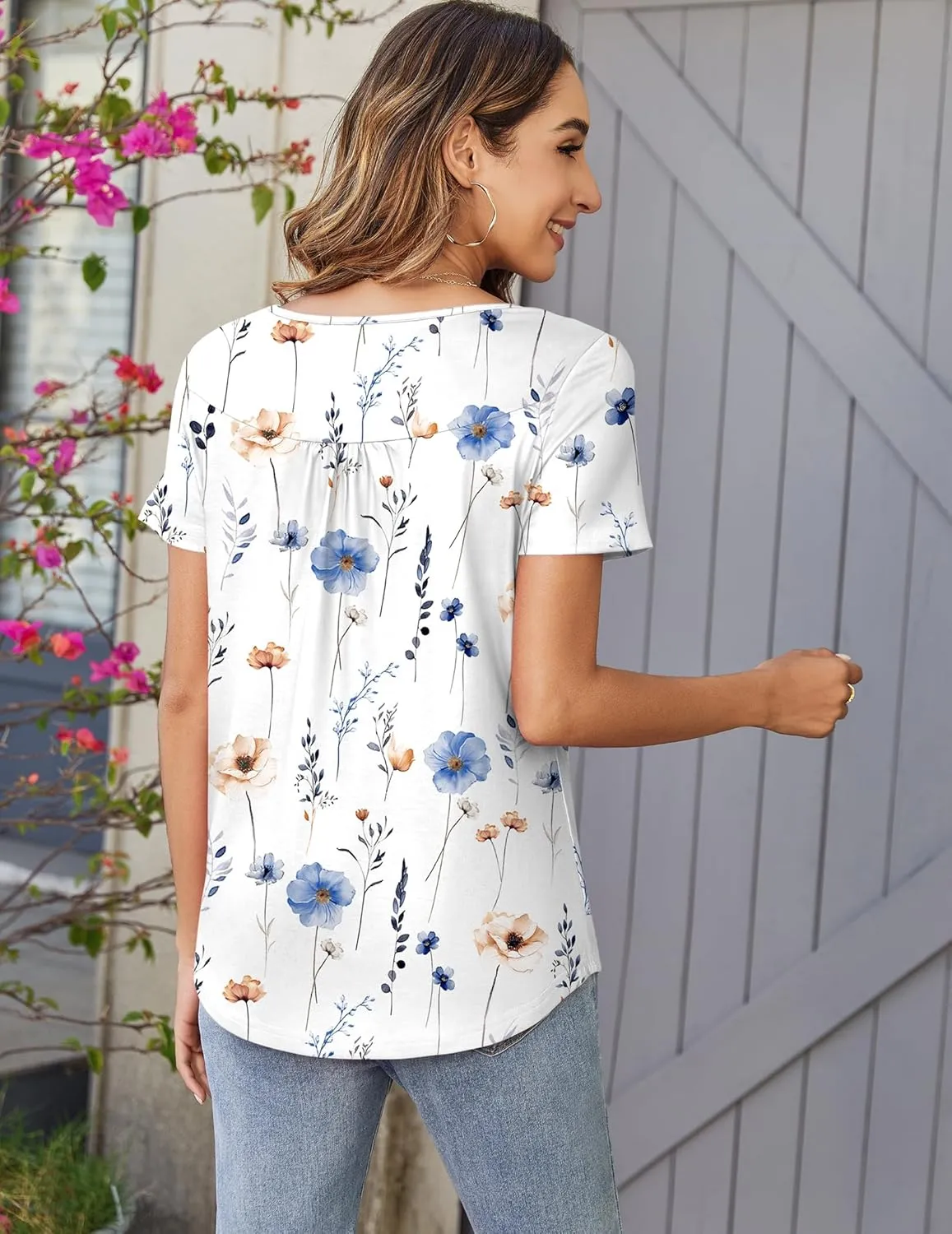 Zeagoo Women Tunic Tops Dressy Casual Summer Short Sleeve Shirts Floral Loose Fit Pleated Boho Top S-XXL