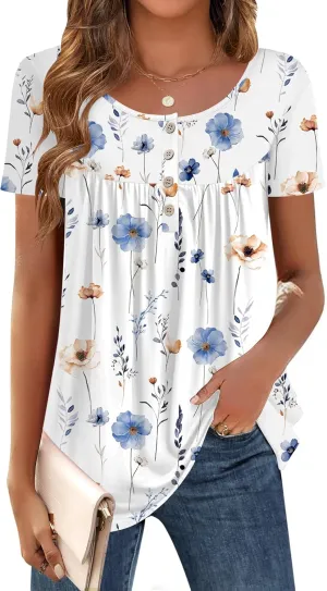 Zeagoo Women Tunic Tops Dressy Casual Summer Short Sleeve Shirts Floral Loose Fit Pleated Boho Top S-XXL