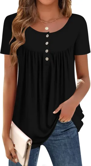 Zeagoo Women Tunic Tops Dressy Casual Summer Short Sleeve Shirts Floral Loose Fit Pleated Boho Top S-XXL