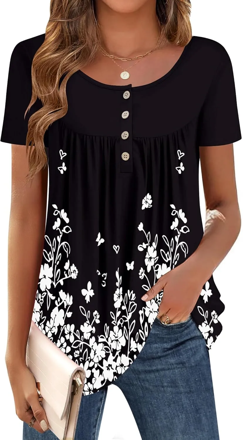 Zeagoo Women Tunic Tops Dressy Casual Summer Short Sleeve Shirts Floral Loose Fit Pleated Boho Top S-XXL